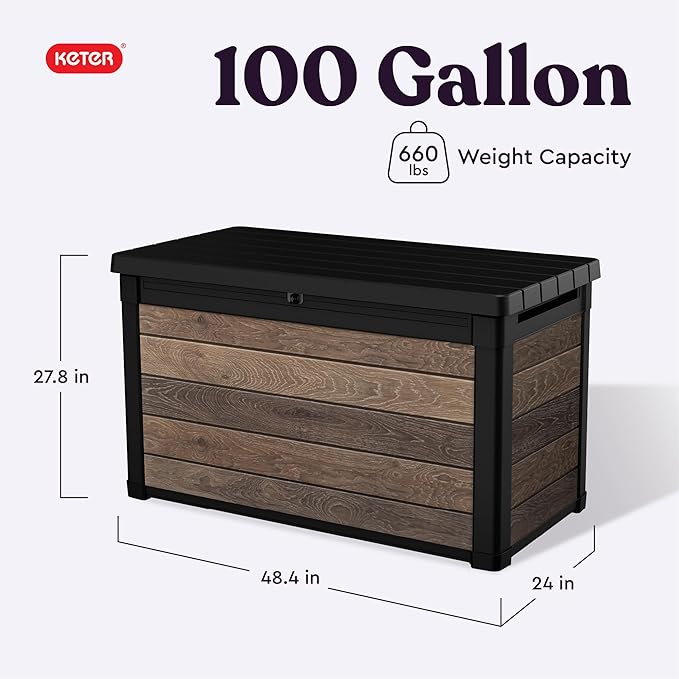 Keter Walnut 100 Gallon Resin Deck Box-Organization and Storage for Patio Furniture Outdoor Cushions, Throw Pillows, Garden Tools and Pool Toys