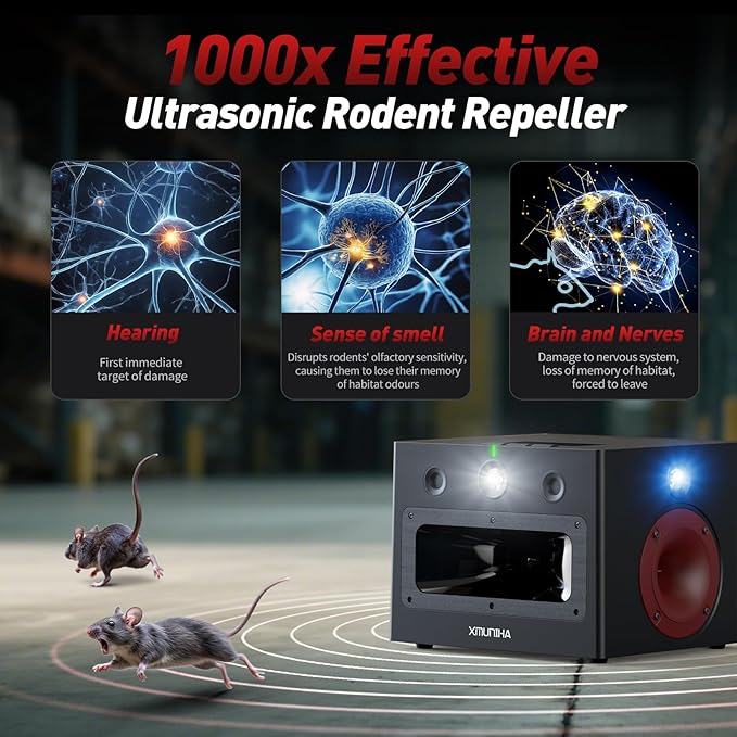 High Power Ultrasonic Mouse Repellent, Plug-in and Bionic Cat-Call Rodent Detterent, Pest Repellent for Buildings, Garages, Attics, Warehouse, Restaurant, Supermarket, Coverage up to 6000 Square Feet