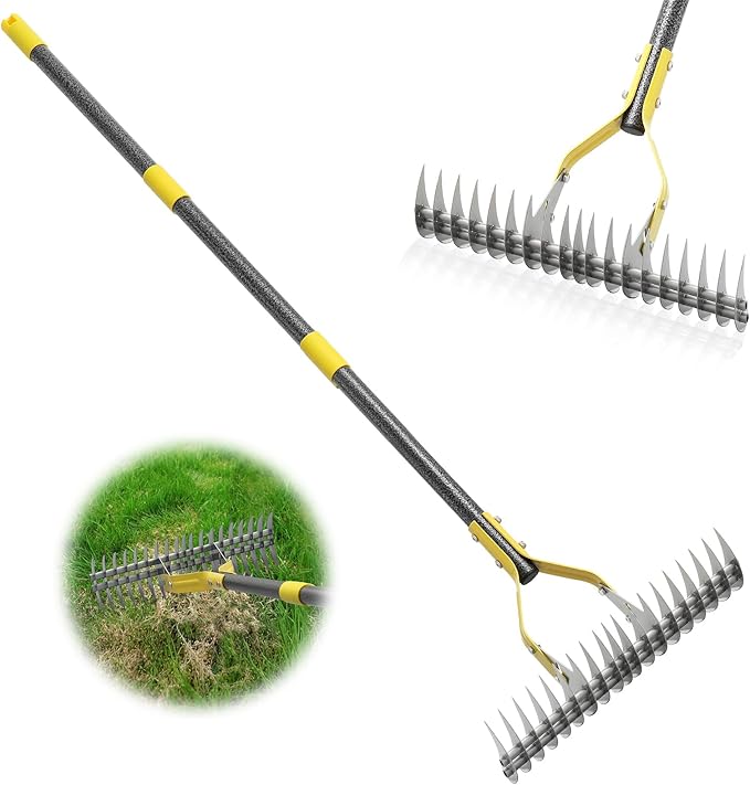 Thatch Rake,70 Inch Heavy Duty Lawn Thatching with Adjustable Stainless Steel Handle,Multiple Garden Rake for Leaves,Lawn Loosening Soil,Backyard,Garden