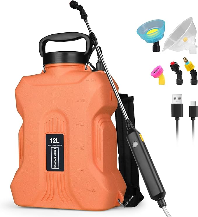 Battery Powered Sprayer 2.1 Gallon, Backpack Sprayer with Retractable Wand & 3 Mist Nozzles & USB Rechargeable Handle, Water Spray Pump Sprayers for Planting Lawn Yard Garden (Orange, 3.2 Gallon)