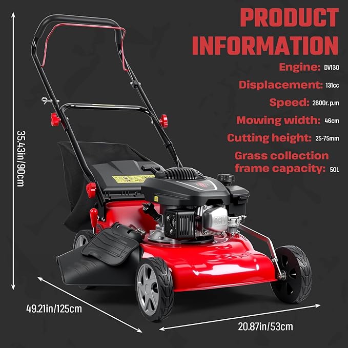 Gas Lawn Mower 131cc 4-Cycle, 3-in-1 Push Lawn Mower with 50L Grass Bag, Adjustable Cutting Height, Low Noise & Fuel-Efficient Design for Lawn, Yard and Garden Care