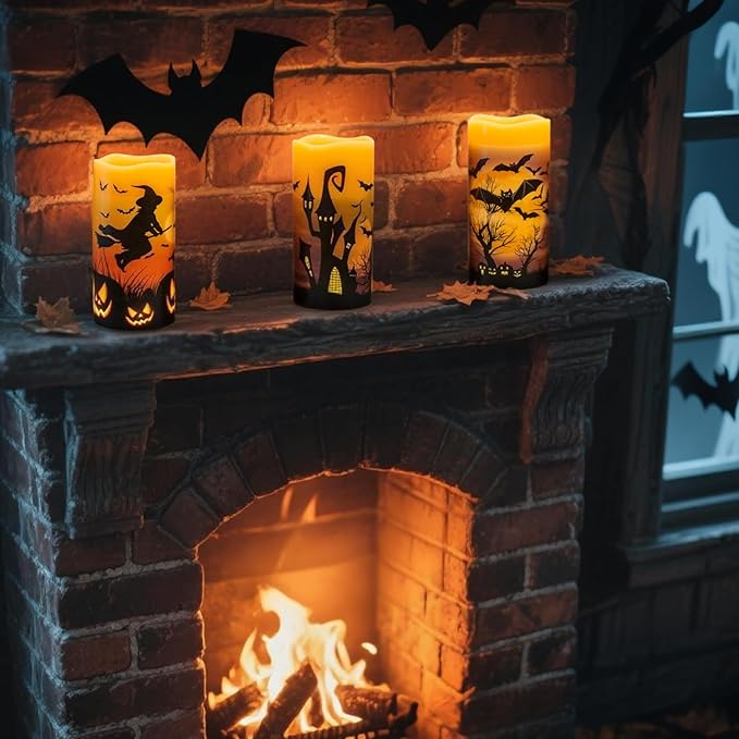 DRomance Rechargeable Halloween Flameless Candles Battery Operated with 6 Hour Timer Real Wax Flickering LED Pillar Candles Bats Witch Pumpkin Dinner Halloween Indoor Deocration(3 Pack, 3" D x 6" H)