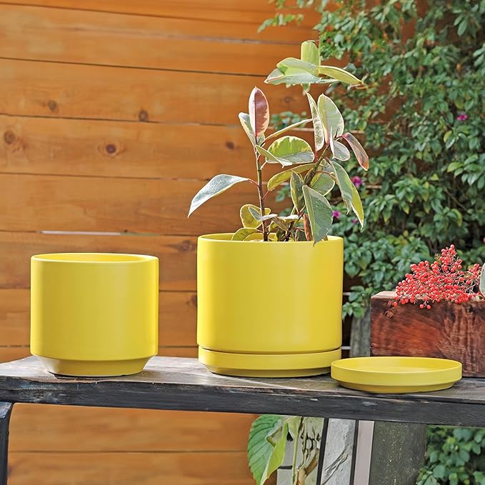 Ceramic Mid Modern Planter Pots with Detached Saucer - Indoor/Outdoor Plant Pots with Drainage Hole