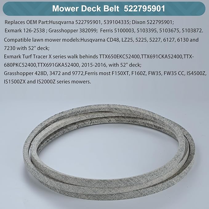 5/8 x 163'' Mower Belt for Husqvarna 522795901 539104335 Dixon 522795901 Exmark 126-2538 Grasshopper 382099 Ferris 5100003 5103395 5103675 5103872 Mower Drive Belt Kevlar Lawn Mower Belt (522795901)