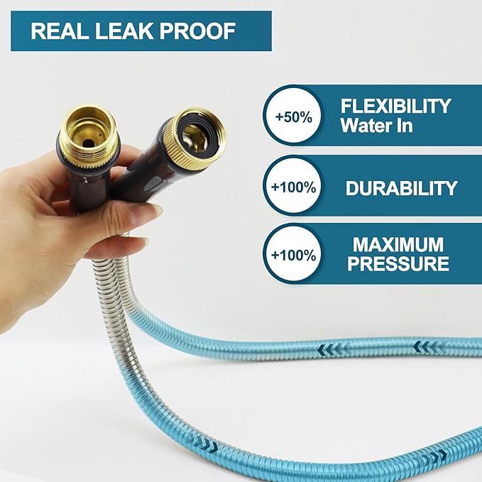 Stainless Steel Garden Hose 100ft Heavy Duty Metal Water Hoses with 10 Function Water Hose Nozzles for Yard Outdoor