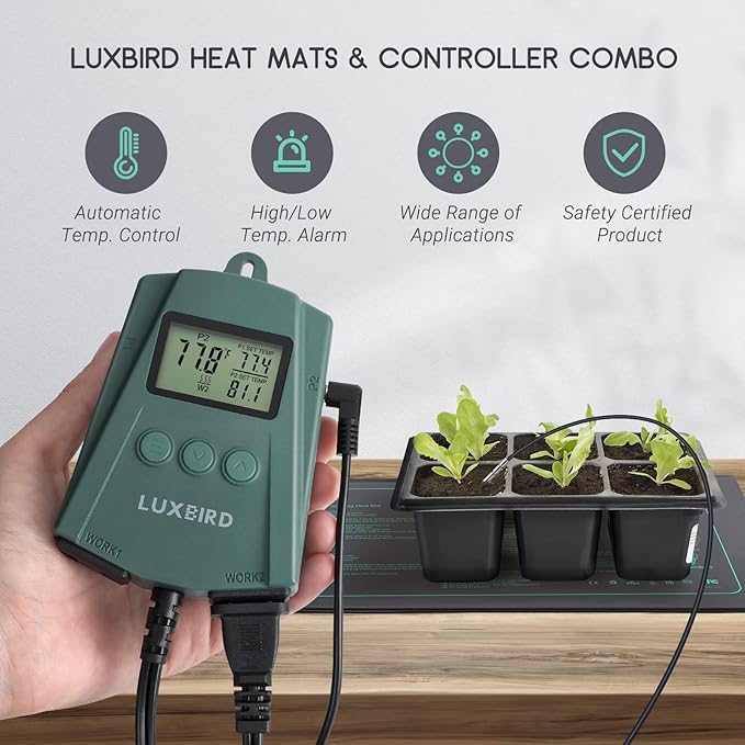 LUXBIRD 2 Pack 10"x 20.75" Seedling Heat Mat and Digital Thermostat Controller Combo Set (120v US Plug)