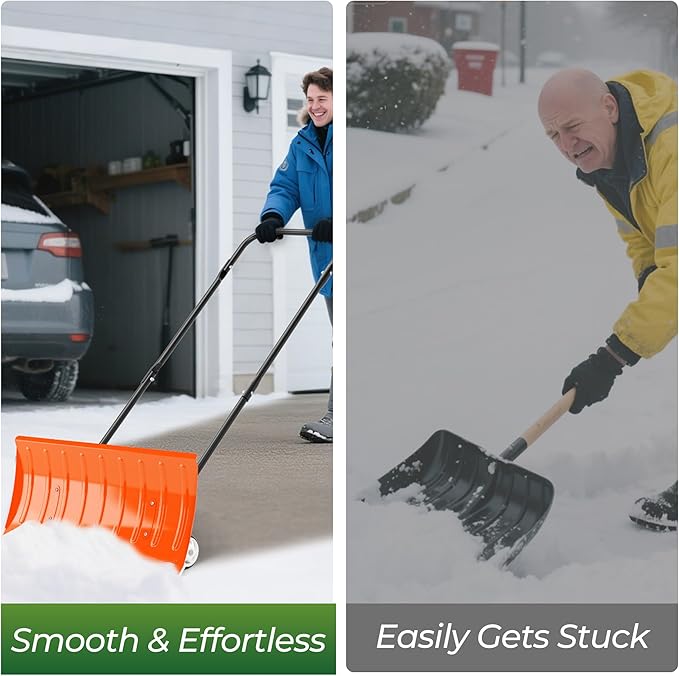 Walensee 30in Metal Snow Shovel for Driveway with Wheels, Snow Pusher Large Blade for Sidewalk Efficient Snow Removal, U-Shaped Handle, Heavy Duty Snow Shovels, Back Saver Snow Plow for Deck