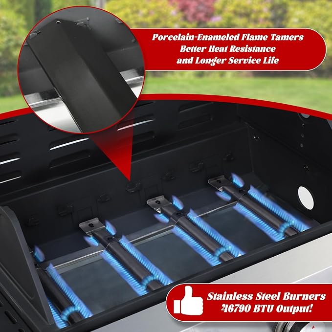 4-Burner Propane Gas Grill with Side Burner, 46,000 BTU Outdoor BBQ Grill with Porcelain-Enameled Cast Iron Grates and Griddle Pan, Built-in Thermometer Stainless Steel Grill for Outdoor Cooking