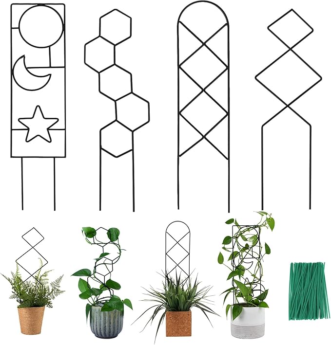 Plant Trellis for Climbing Plants Indoor, 15.94Inch Small Garden Metal Houseplant Trellis for Potted Plants Outdoor with 4 Patterns for Vine Ivy Flower Plant Support Lover Gifts Lattice