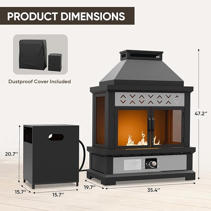 35'' Outdoor Propane Fireplace with Tank Storage & Mesh Door, CSA Certified 50,000 BTU Patio Firepit with Dust Cover for Garden, Backyard and Balcony, Black/Gray