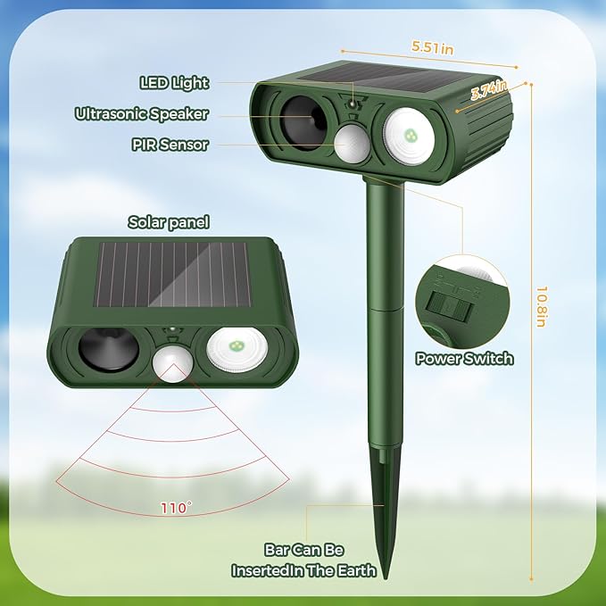 2PACK Solar Ultrasonic Animal Repellent Outdoor, Deer Repellent Devices Squirrel Cat Raccoon Rabbit Dog Deterrent, Keep Rodent Away Motion Detection with Flash Light for Yard Garden Lawn