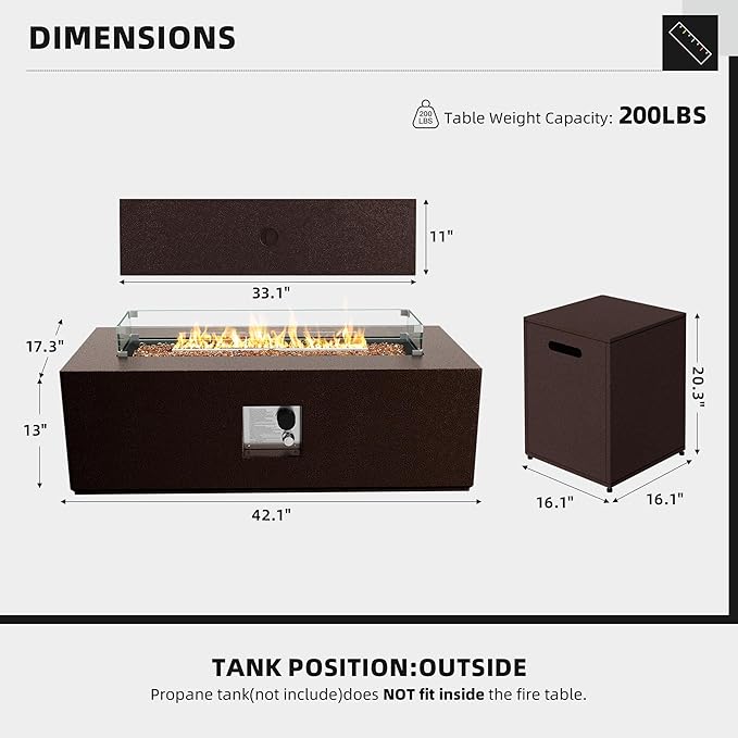 UPHA 42-inch Outdoor Propane Gas Fire Pit Table 50000 BTU Iron Rectangle Firepit for Outside Patio with Tank Hidden Table, Wind Guard, Removable Lid, Gold Glass Rocks, Rain Cover, Brown