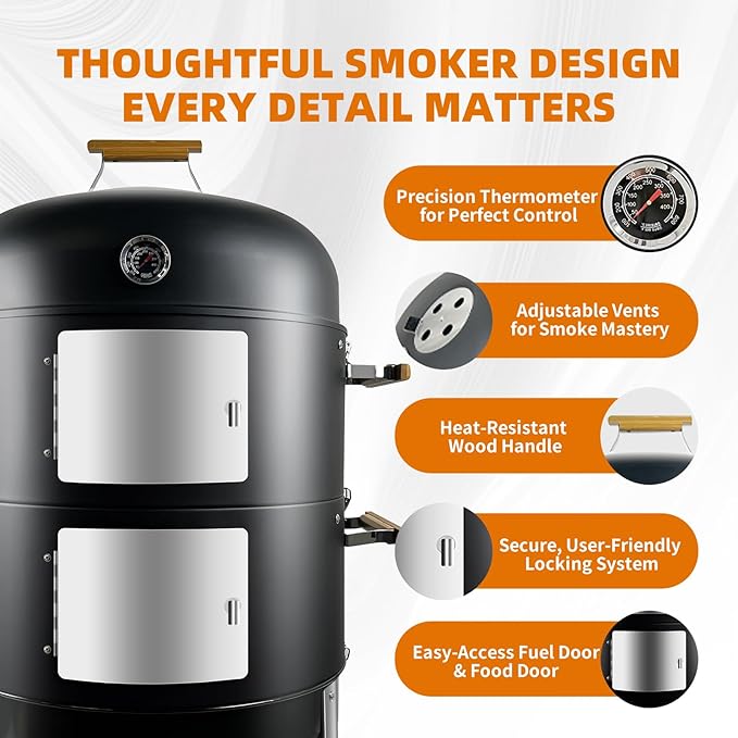 Realcook Vertical Charcoal Smoker Grills: Premium 20.5 Inch BBQ Meat Smokers - Barbecue Charcoal Grill Smoker Combo for Outdoor Cooking Patio Backyard Picnic Party Grilling