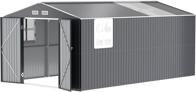 Metal Shed 10x16 FT Large with Customizable Skylight and Reinforced Steel Frame, Heavy-Duty Galvanized Steel Big Garden Sheds with Lockable Doors,4 Pane Windows, Large Utility Tool Sheds