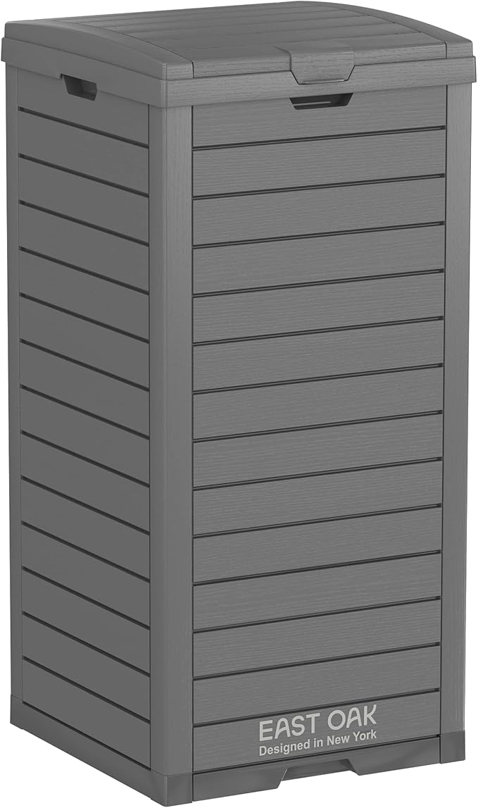 EAST OAK 38 Gallon Outdoor Trash Can | Waterproof Resin Garbage Can with Tiered Lid & Drip Tray | Outside Trash Bin for Patio | Kitchen, Backyard & Deck | Gray Color