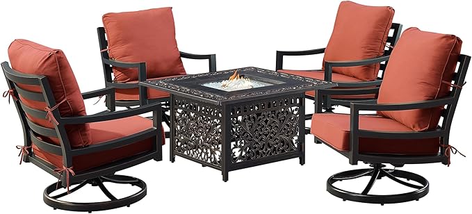 Oakland Living Black Aluminum Patio Fire Table Set with Four Club Chairs with Red Cushions
