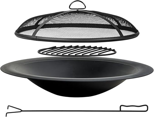 35 inch Steel Fire Pit Bowl for DIY or Replacement Existing Fire Pits, Wood Burning Fire Pit Bowl with Spark Screen &Fire Poker, Fireplace for Backyard, Porch, Deck, Camping, BBQ(Smooth)