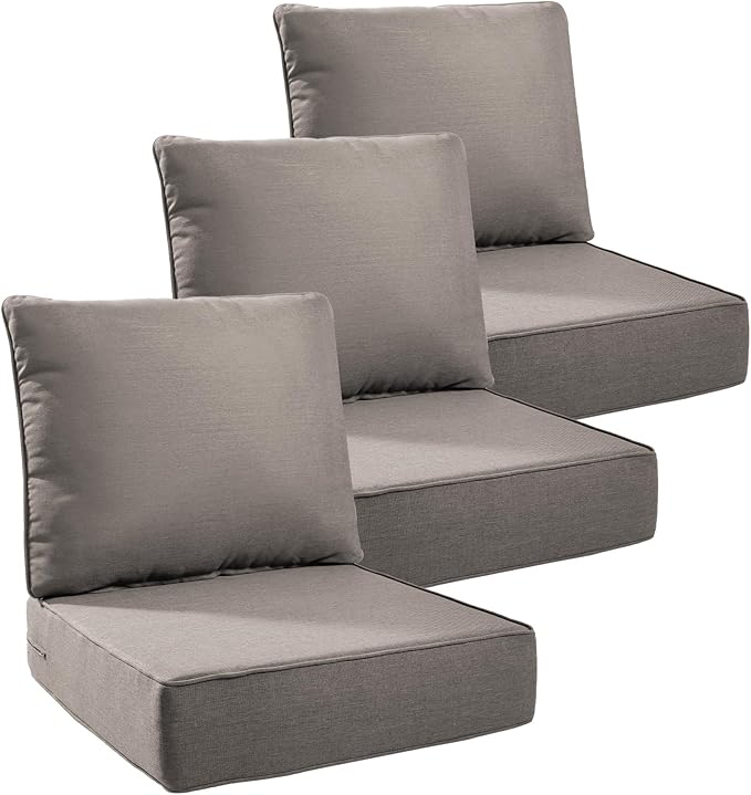 Luxury 6" Outdoor Cushions for Patio Furniture, 24x24x6 Thick Seat Cushion Set of 3, Fade Resistant Couch Chair Replacement Cushions High Density Deep Wicker Chair Cushion w/Removable Cover Gray