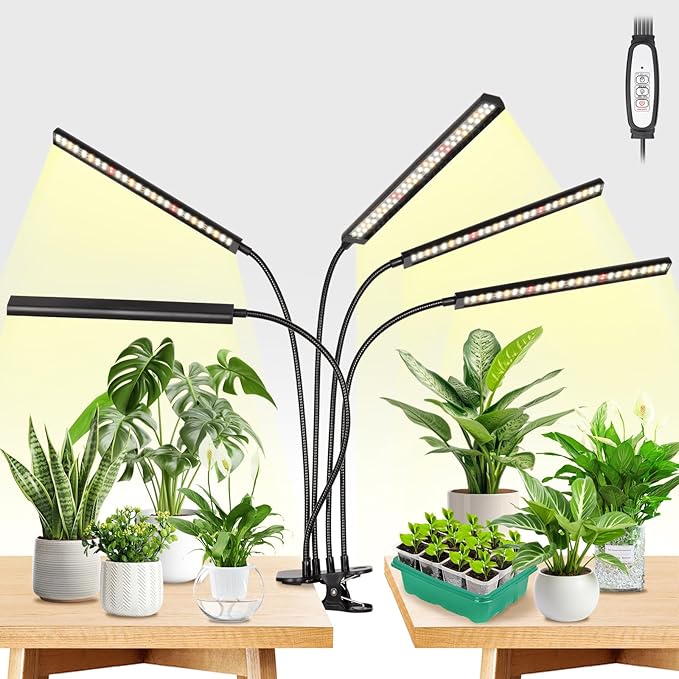 FOXGARDEN Grow Lights for Indoor Plants Full Spectrum, Plant Lights for Indoor Growing with Timer 4/8/12 H, Five-Head 260 LED Clip Grow Lamp with Gooseneck, 4 Brightness Levels for Plant Growing