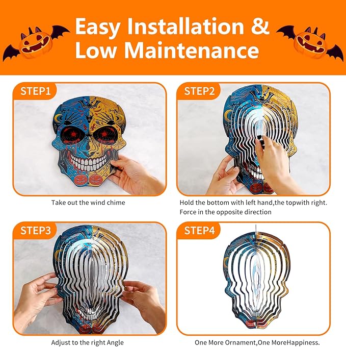 12 inch Halloween Decoration Skull Wind Spinner - 3D Metal Garden Spinner, Mandala Kinetic Art Outdoor Decor -Handcrafted Hanging Ornament for Outdoor,Patio, Yard，Garden