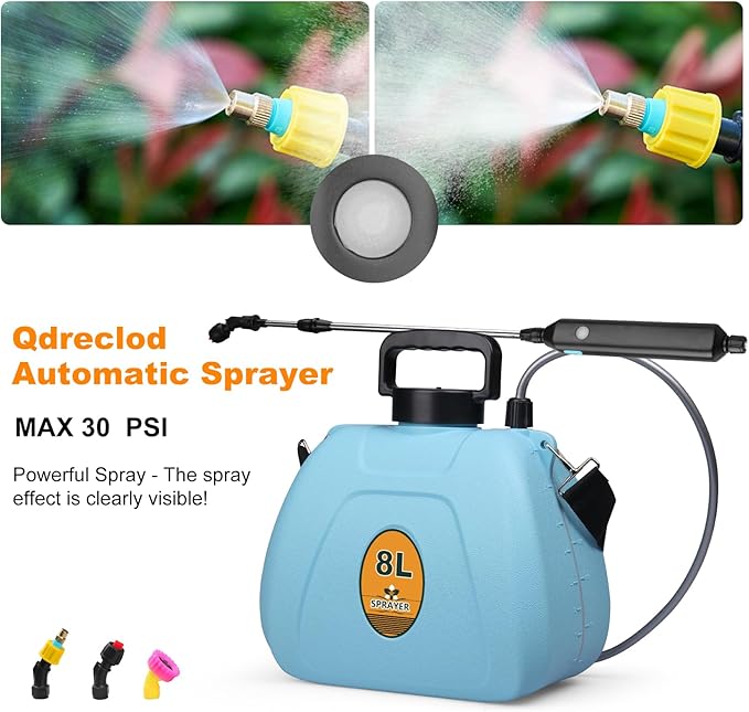 Battery Backpack Sprayer 2.1 Gallon, Rechargeable Sprayer with 3 Adjustable Nozzles, 1.5-3H Runtime, Adjustable Wand Leak-Proof & Chemical-Resistant Tank for Lawn, Garden & Farm Use (Blue)