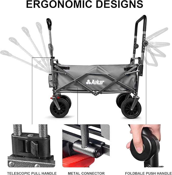 Collapsible Canopy Wagon - Heavy Duty Utility Outdoor Foldable Garden Cart - with Adjustable Push Pulling Handles,Big Wheels for Sand, for Shopping, Picnic, Camping, Sports - Grey