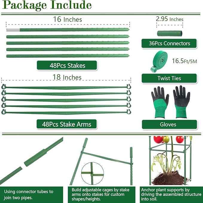 3Pack 18.5" Width Up to 63" Height Adjustable Square Tomato Cages for Garden, Plant Support Stakes for Climbing Vegetable, Tomatoe, Flower, with Twist Ties Snap-On Stake Arms