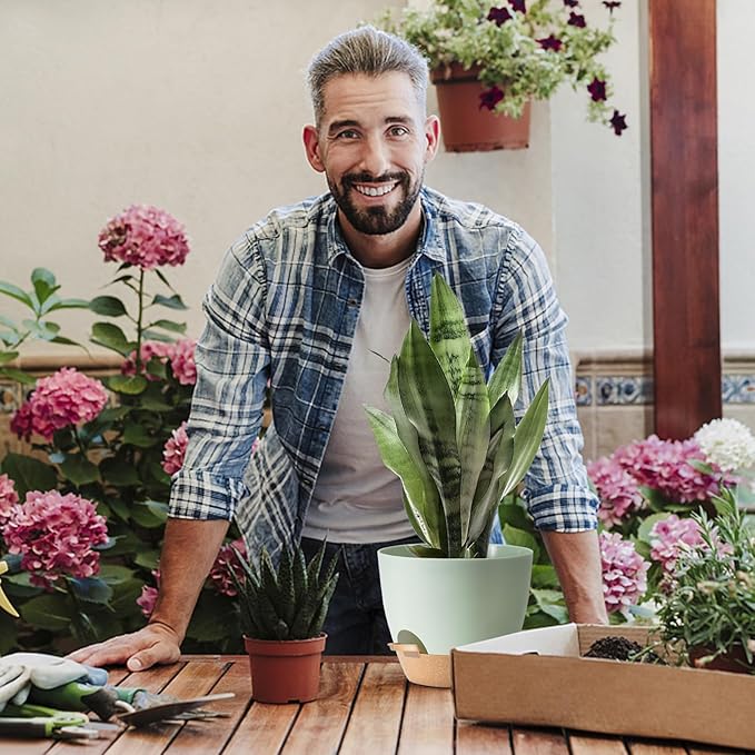 Self Watering Plant Pot with Drainage Hole,Plant Pots Outdoor Flower Pots for Indoor Plants,Modern Green Plastic Self Watering Planters Succulent Pot 7pcs/Set