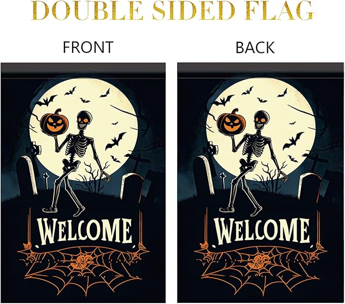 Halloween Garden Flag Skeleton Pumpkin Outdoor Yard Decoration Welcome Banner 12x18 Inch Double Sided Holiday Lawn House Vertical Seasonal Sign Skeleton with Pumpkin Small Yard Flag