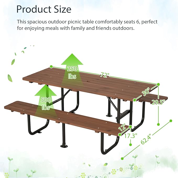 Outdoor Picnic Table with Benches, 6 - Person Picnic Table, Wooden Patio Dining Set, 1.97'' Umbrella Hole, Waterproof and Rounded Corners Design for Backyard, Garden, Park, Restaurant, Picnic, Natural