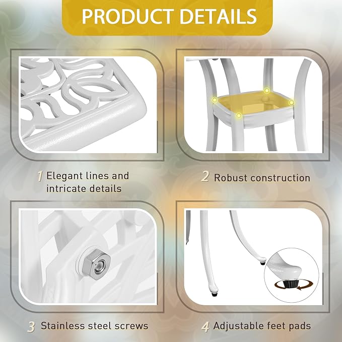 Outvita Patio Side Table, 21.3in Outdoor Square Cast Aluminum Bistro Table with Umbrella Hole and Antique Design for Backyard Porch Pool Balcony Deck White