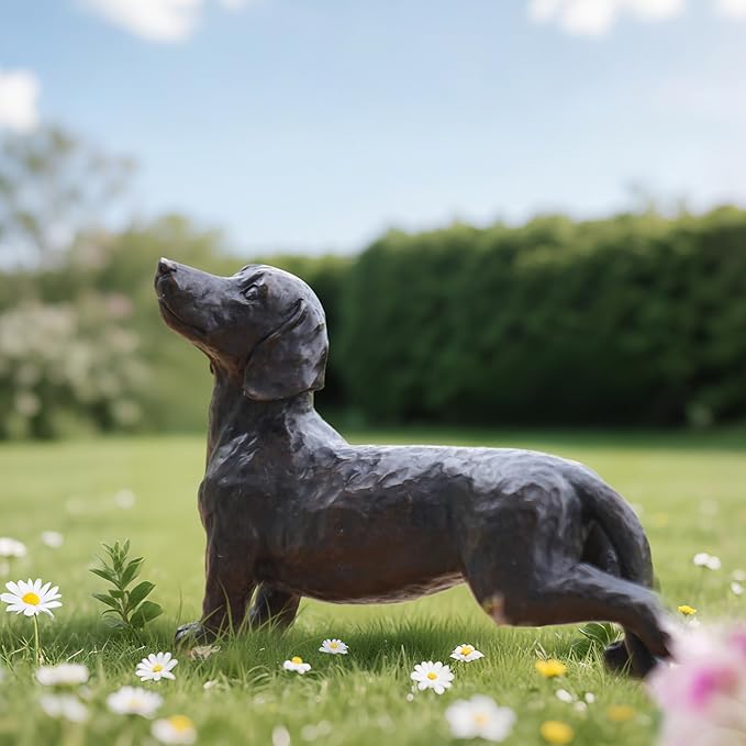 Dog Statues Outdoor Dachshund Décor - Wiener Dog Garden Statue Made of Resin Material Sausage Statue Dark Brown 12.75 * 4 * 8.5 inch for Patio Lawn Yard Porch Garden Gift Figurine