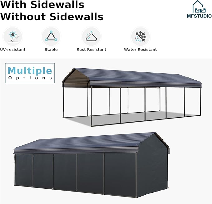 MFSTUDIO Carport 12x25 ft, Outdoor Heavy Duty Carports with Sidewalls, Metal Shed Canopy Shelters Garage Shelter Shade Car Ports with Galvanized Roof for Cars, Truck and Boats ﻿
