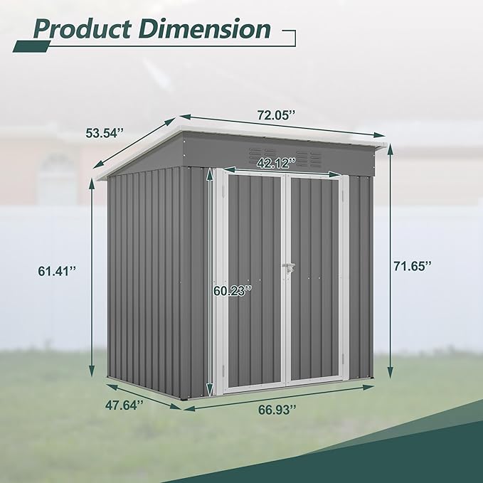10X8 FT Outdoor Storage Shed, All Weather Metal Sheds with Lockable Doors, Tool Shed for Garden, Patio, Backyard, Lawn (Grey with Floor Frame, 6x4 ft)
