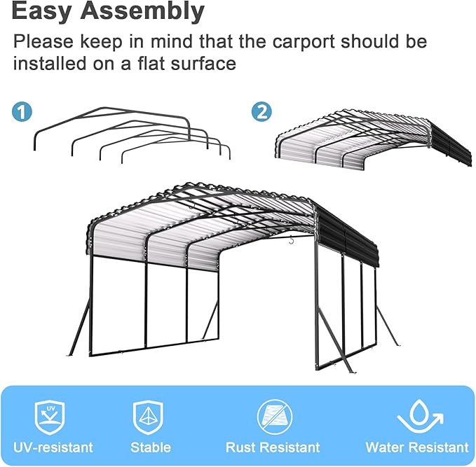 10x15FT Heavy Duty Metal Carport - Reinforced Galvanized Carport Canopy for All-Weather Shelter, Enhanced Wind Resistance for Boats, Cars, Trucks and Tractors