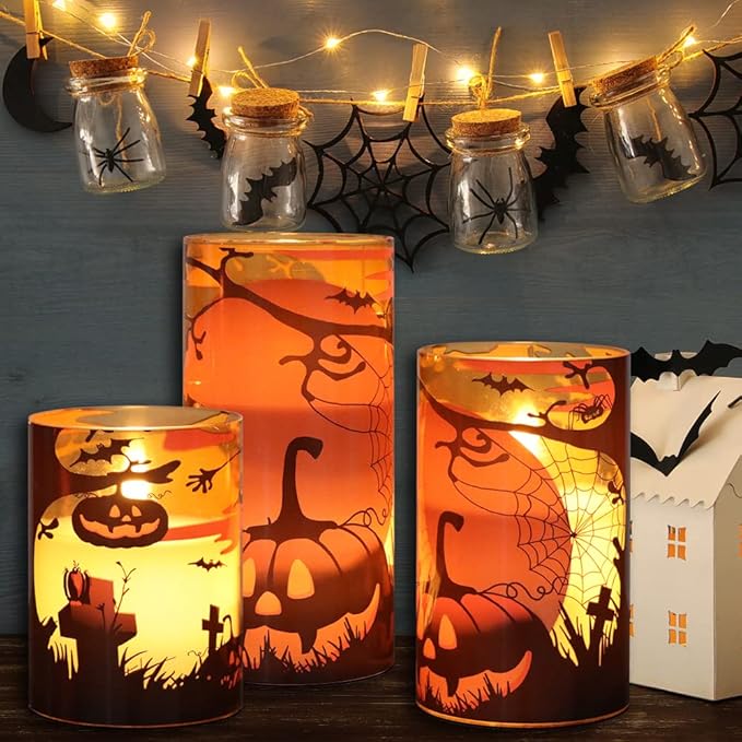 DRomance Pumpkin Glass Flameless Candles with Remote and Timer, Battery Operated Realistic 3D Wick Flickering Real Wax LED Candles Halloween Window Table Holiday Dinner Decor Gifts(3 x 4,5,6 Inches)