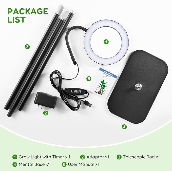 One Head Grow Lights for Indoor Plant Full Spectrum, Plant Lights for Indoor Growing with 3/9/12 Timer, 5 Dimmable Levels, Height Adjustable 16.5''-61", Strong Base for Large Plants