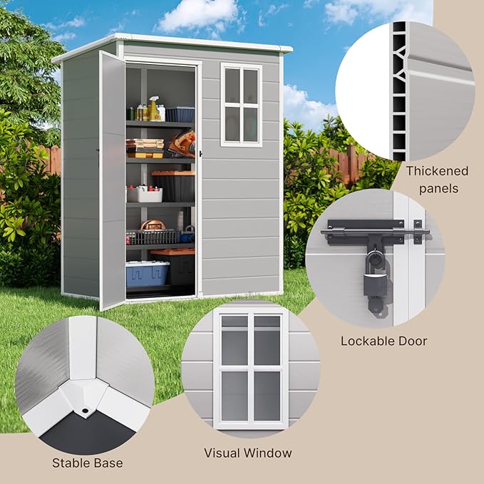 Gizoon 5x3 FT Resin Storage Shed Outdoor, Heavy-Duty Resin Shed with Floor for Patio, Lawn, Plastic Garden Sheds Weather-Resistant with Lockable Door for Patio Furniture, Garden Tools, Grey