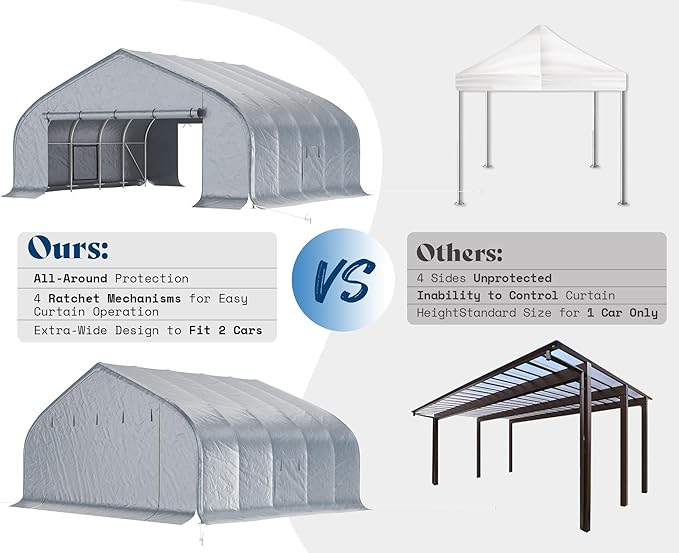 AMERLIFE 22.5 x 20FT Heavy Duty Double Carport, Galvanized Steel Frame Garage Shelter,Outdoor Storage, Waterproof 3-Layer PE Cover, Fits 2 Cars, Boat, Farm Equipment, Silver Grey