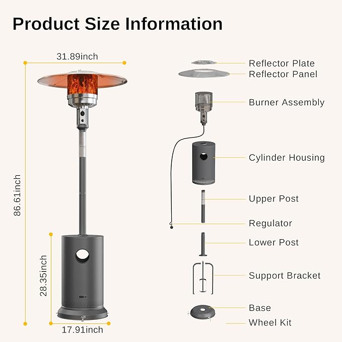 EAST OAK 50,000 BTU Patio Heater for Outdoor Use With Round Table Design, Double-Layer Stainless Steel Burner and Wheels, Outdoor Patio Heater for Home and Commercial, Gray, 31.9 x 31.9 x 86.6 inches