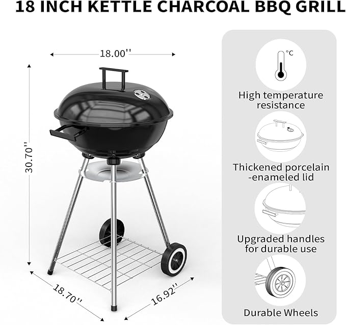 18 Inch Portable Charcoal Grill, Heavy Duty Kettle BBQ Smoker with Built-in Thermometer & Removable Water-Rinsable Ash Catcher for Outdoor Camping, Patio, Backyard, and Tailgating