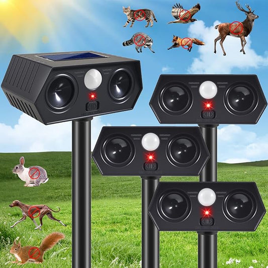 4Pack Solar Ultrasonic Animal Repellent Outdoor Solar Deer Deterrent Devices with PIR Motion Sensor, Ultrasonic Cat Repellent to Scare Squirre Dog Rabbit Raccoon Skunk Armadillos for Yard Lawn