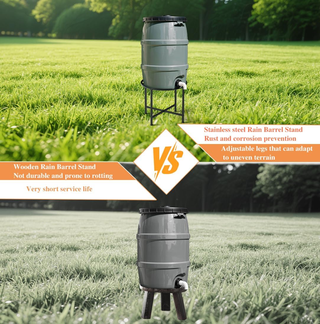 Stainless Steel Rain Barrel Stand - Heavy Duty Water Collection Base for 45/50/55 Gallon Plastic Barrels, Outdoor Weatherproof & Rust-Proof Design with 1200lb Capacity