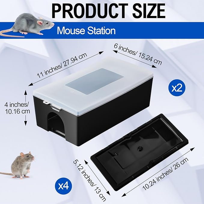 Qualirey 4pcs Mouse Glue Traps with 2pcs Protect Mouse Station, Non-Toxic, Keeps Pets & Children Safe, Glue Board Adhesive Plastic Tray for Snakes, Mice & Spiders, Pest Control for House & Garage
