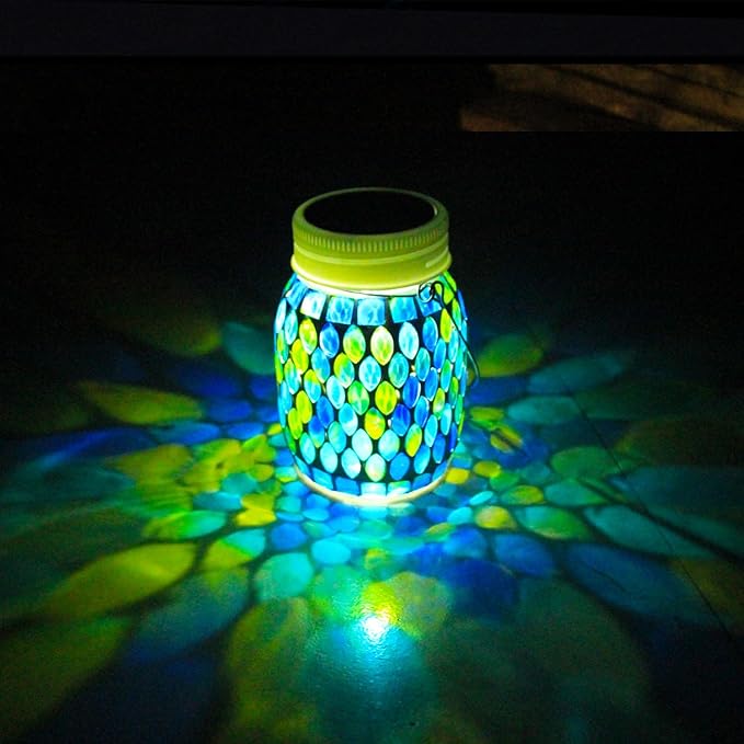 Mosaic Garden Decor Solar Outdoor Hanging Lights,Solar Mosaic Lanterns Christmas Gifts for Women Mom Grandma Halloween and Garden,Patio,Pathway & Yard Décor (Bule)