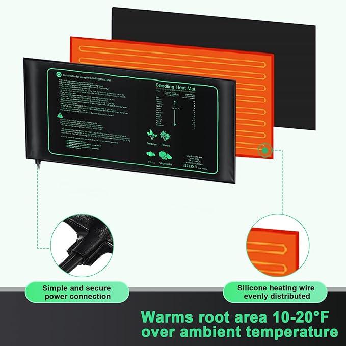 ROCEEI 10 Pack Durable Seedling Heat Mat 10 x 20.75 Waterproof Plant Heating Pad Warm Hydroponic Grow Mat for Greenhouse Grow Seed Starting Plant Germination (Black,Green)