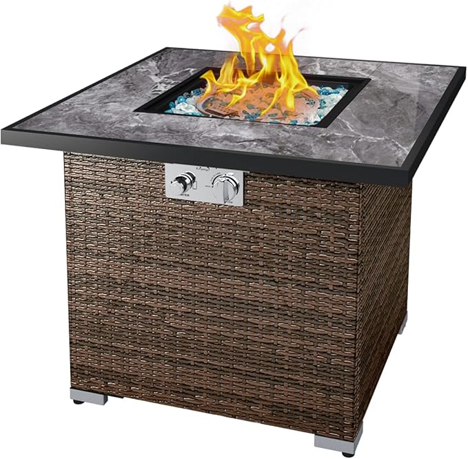 30'' Propane Fire Pit Table, Marble Textured Ceramic Tabletop, 50,000 BTU Fire Table with Brown Wicker, Mix Color Glass Rocks, Including Lid&Cover, Square