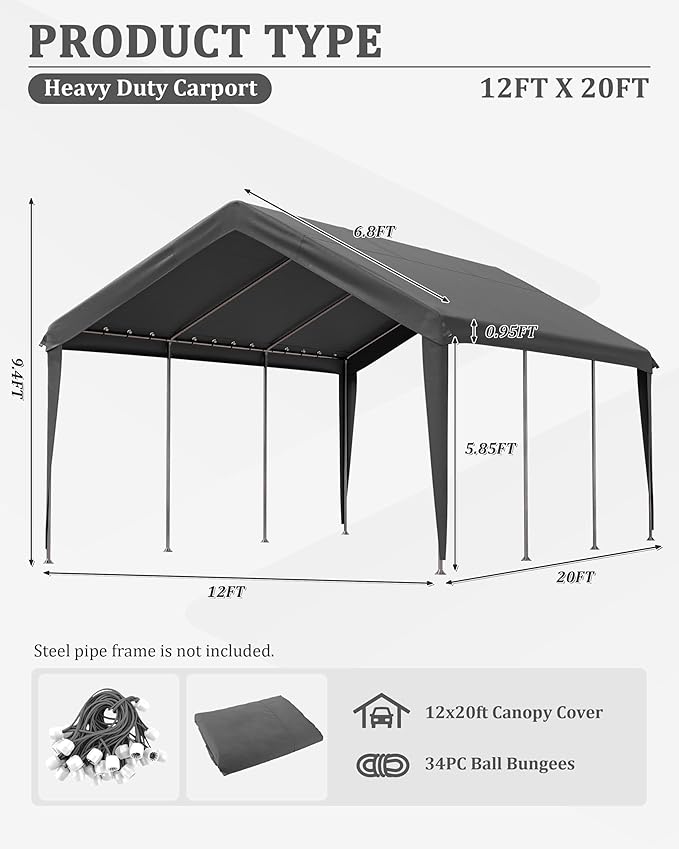 Carport Canopy Replacement Cover 12x20 Heavy Duty Outdoor Portable Car Canopy Oxford Waterproof UV & Tear Resistant Garage Canopy with Ball Bungees (Frame is Not Included)
