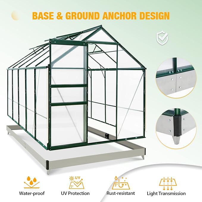 EAGLE PEAK 10x6x7 Outdoor Walk-in Hobby Greenhouse with Adjustable Roof Vent and Rain Gutter, Base and Anchor, Polycarbonate Aluminum Green House for Backyard Garden, Dark Green