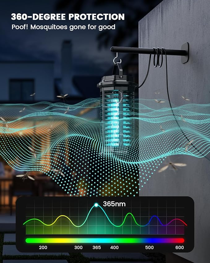 Minimoon Bug Zapper Outdoor, 4200V Electric Mosquito Zapper Indoor, IPX4 Waterproof Insect Zapper Electric Fly Traps, 4Ft Cord, Insect Trap for Yard, Backyard, Patio, Camping